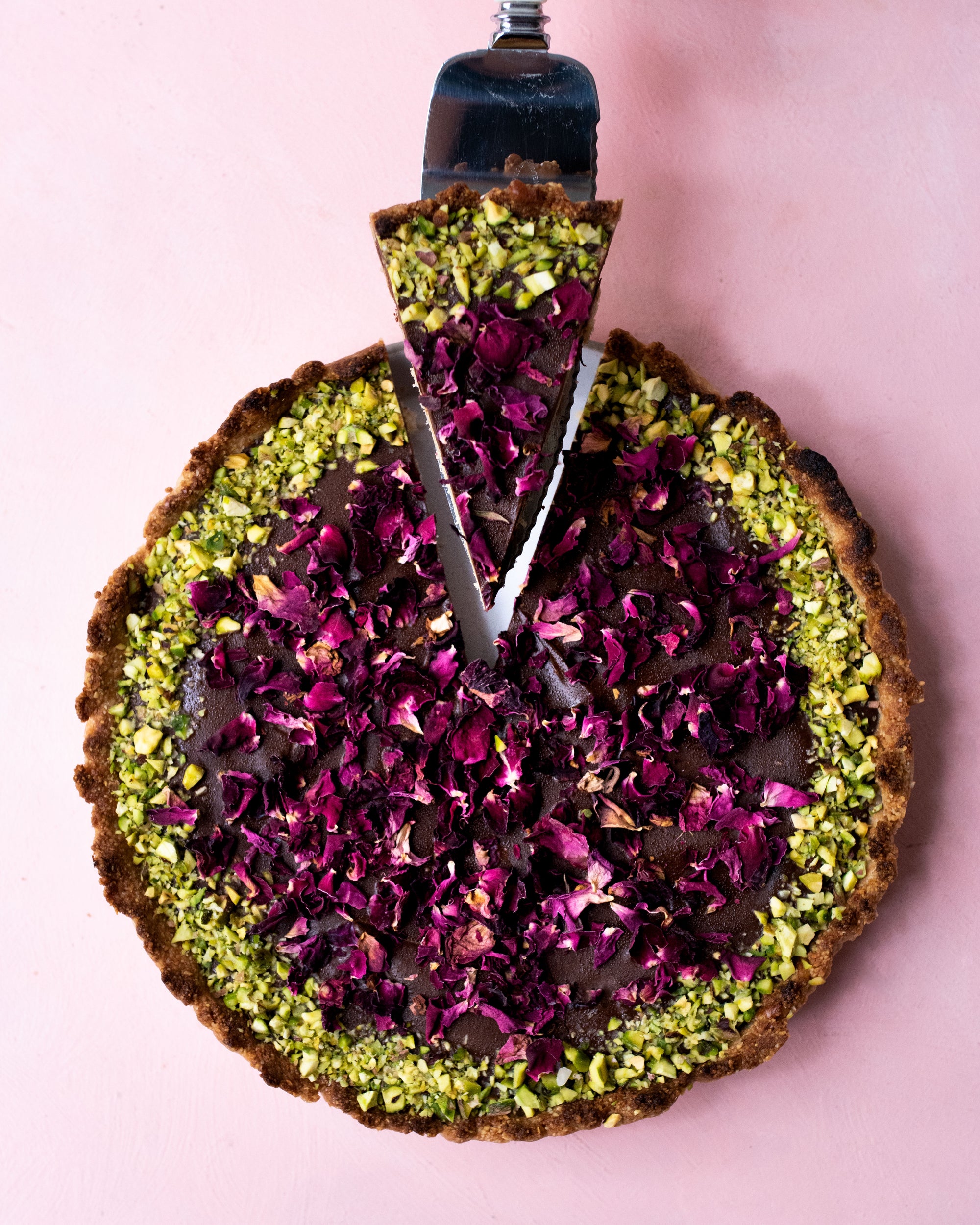 Rose and Pistachio Chocolate Tart