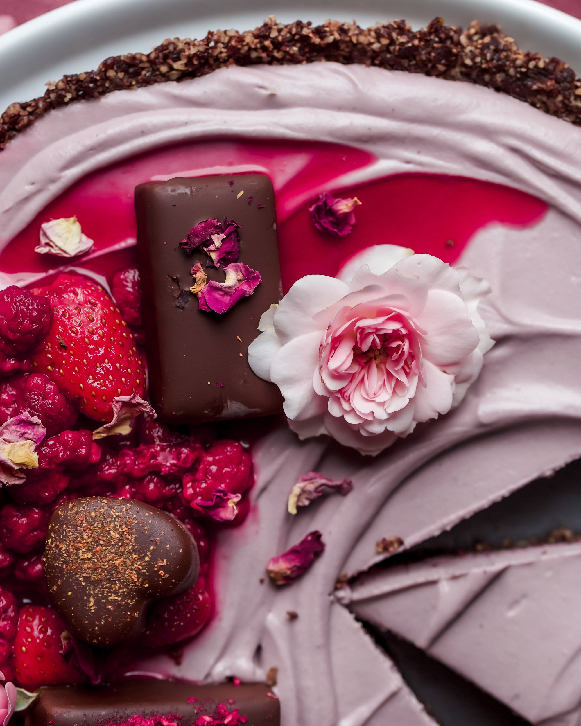 Hazelnut, raspberry and rose cream tart
