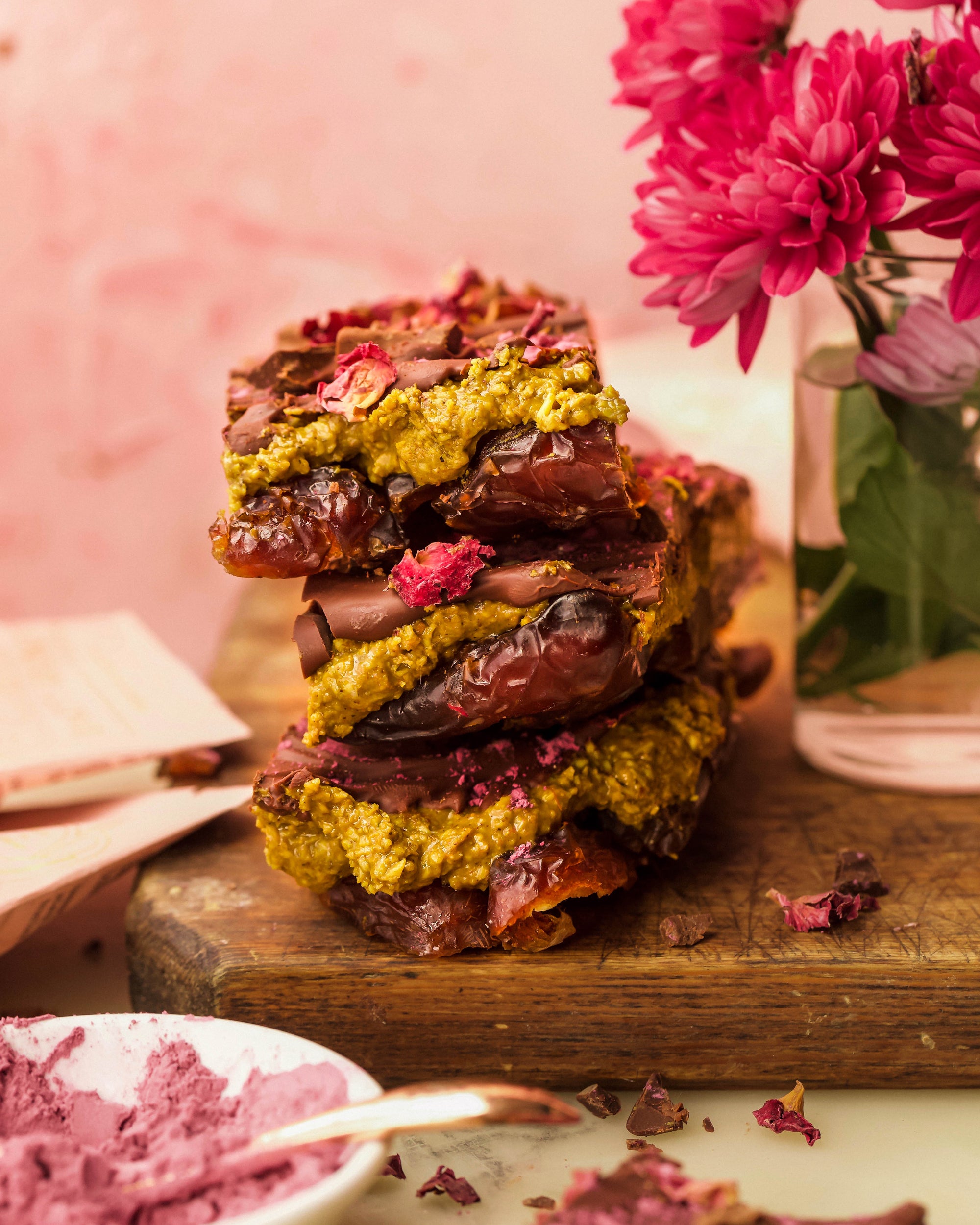 Pistachio, Rose and Chocolate Date Bark